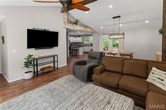 1716 Fountainbleu Dr, Worden, IL 62097 - living area with wood finished floors, ceiling fan, vaulted ceiling, and recessed lighting