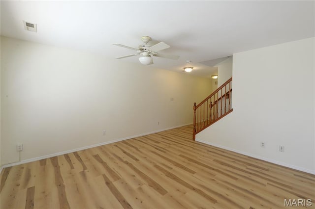 154 Homeshire Dr Unit 27, Wentzville, MO 63385 - spare room featuring light wood-type flooring, stairway, and a ceiling fan