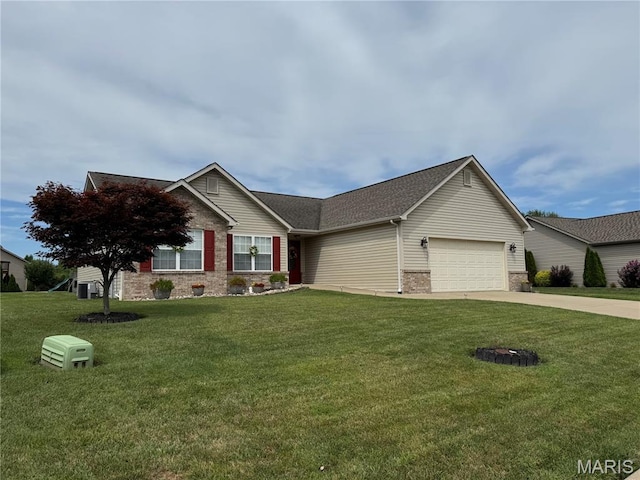 5037 Bristol Hill Dr, Ofallon, IL 62269 - ranch-style home with an attached garage, a front yard, concrete driveway, brick siding, and a shingled roof