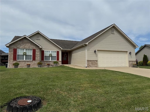 5037 Bristol Hill Dr, Ofallon, IL 62269 - ranch-style house featuring brick siding, an attached garage, a front yard, and driveway