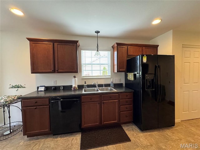 5037 Bristol Hill Dr, Ofallon, IL 62269 - kitchen featuring black appliances, dark countertops, recessed lighting, and decorative light fixtures