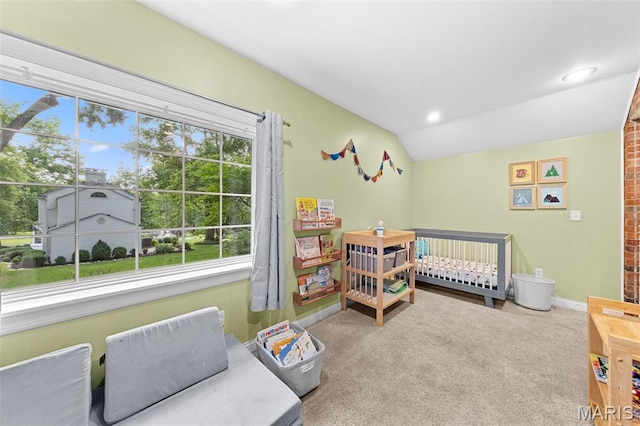 100 Calverton Rd, Saint Louis, MO 63135 - bedroom featuring carpet, vaulted ceiling, and recessed lighting