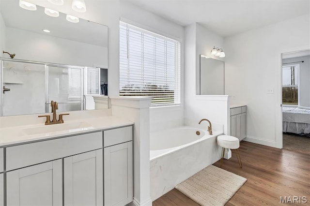 213 Bluegrass Pasture Ct, Wentzville, MO 63385 - ensuite bathroom featuring vanity, a bath, wood finished floors, and a shower stall