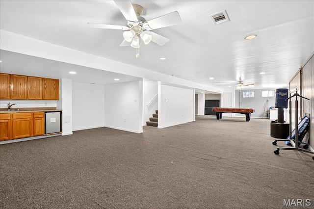 621 Royal Crest Way, Ofallon, IL 62269 - recreation room with a ceiling fan, pool table, recessed lighting, dark carpet, and bar