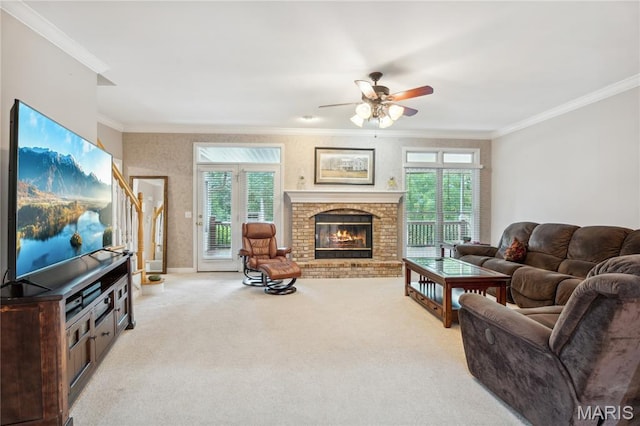 1605 High Sierra Dr, Foristell, MO 63348 - living room featuring light carpet, plenty of natural light, a ceiling fan, and crown molding