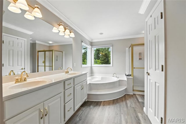 1605 High Sierra Dr, Foristell, MO 63348 - full bath featuring a stall shower, a bath, double vanity, wood finished floors, and crown molding