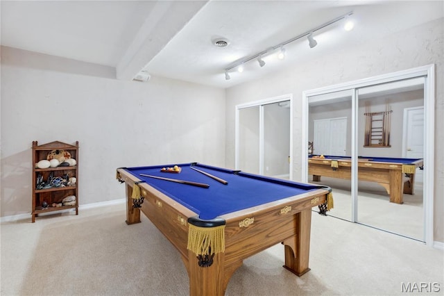 1605 High Sierra Dr, Foristell, MO 63348 - recreation room featuring billiards table, carpet flooring, and track lighting