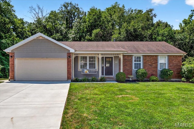 1826 Fairwood Forest Dr, Saint Peters, MO 63376 - ranch-style house featuring concrete driveway, an attached garage, a front yard, and brick siding