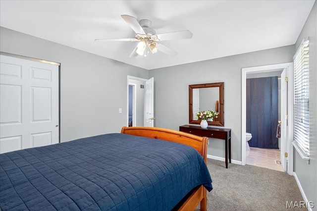 1826 Fairwood Forest Dr, Saint Peters, MO 63376 - carpeted bedroom with ceiling fan and ensuite bathroom
