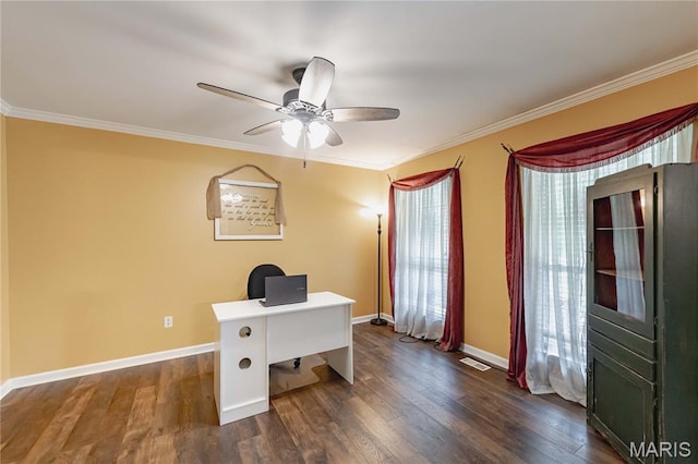 1923 Smizer Mill Rd, Fenton, MO 63026 - office space featuring a ceiling fan, dark wood finished floors, and crown molding