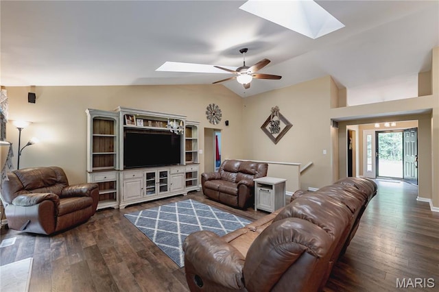 1923 Smizer Mill Rd, Fenton, MO 63026 - living room with a skylight, dark wood finished floors, vaulted ceiling, and ceiling fan