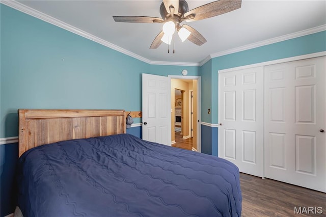 1923 Smizer Mill Rd, Fenton, MO 63026 - bedroom with ornamental molding, wood finished floors, ceiling fan, and a closet