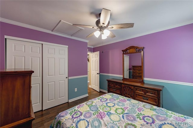 1923 Smizer Mill Rd, Fenton, MO 63026 - bedroom with wood finished floors, a closet, crown molding, and a ceiling fan