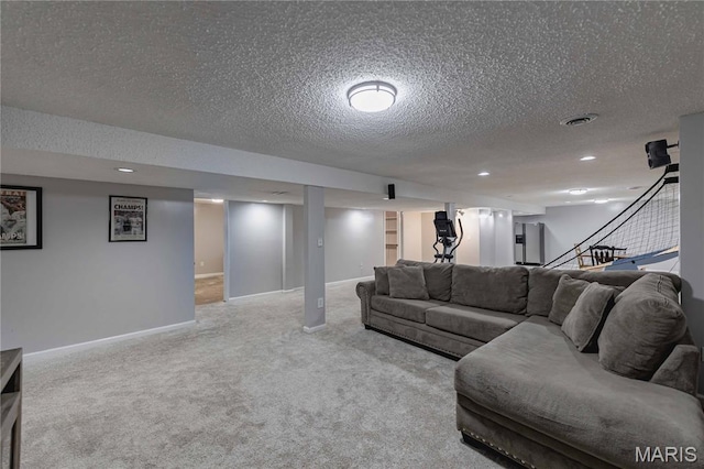 1923 Smizer Mill Rd, Fenton, MO 63026 - carpeted living room featuring a textured ceiling, stairway, and recessed lighting