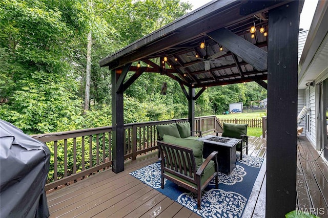 1923 Smizer Mill Rd, Fenton, MO 63026 - wooden terrace featuring an outdoor living space with a fire pit and a gazebo
