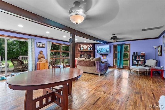 17999 State Highway 177, Jackson, MO 63755 - dining room with ceiling fan, plenty of natural light, crown molding, hardwood / wood-style flooring, and recessed lighting