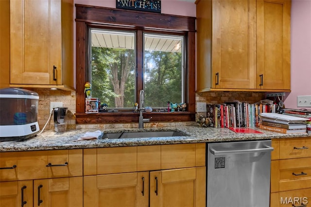 17999 State Highway 177, Jackson, MO 63755 - kitchen featuring stainless steel dishwasher, tasteful backsplash, and light stone counters