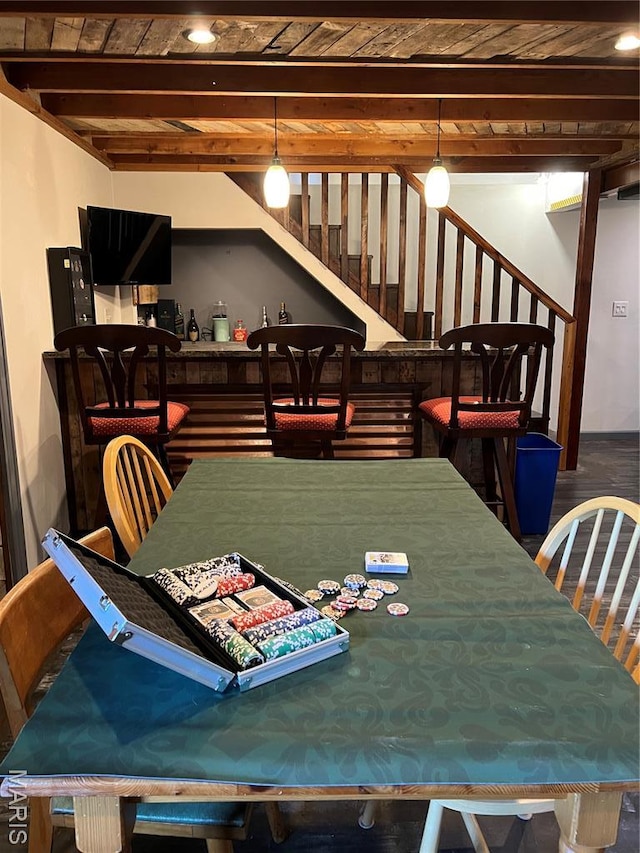 2941 Elmcrest Dr, Saint Charles, MO 63301 - dining space featuring stairway, a dry bar, a wood ceiling with exposed beams, wood finished floors, and recessed lighting