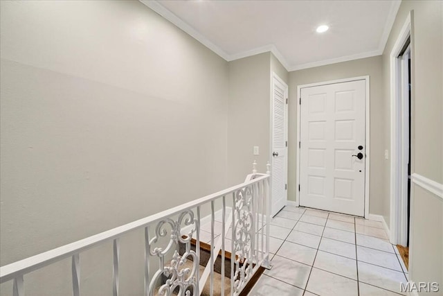 775 Knickerbacker Dr, Manchester, MO 63021 - hall featuring crown molding, an upstairs landing, light tile patterned flooring, and recessed lighting