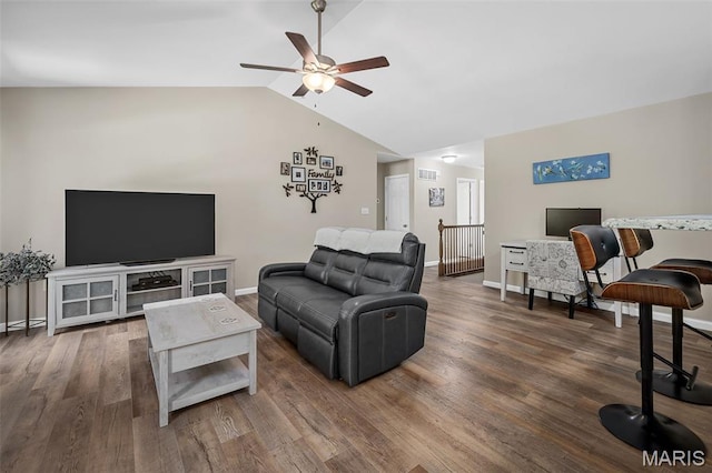 139 Brookview Way Dr, Ofallon, MO 63366 - living area with a ceiling fan, vaulted ceiling, and wood finished floors