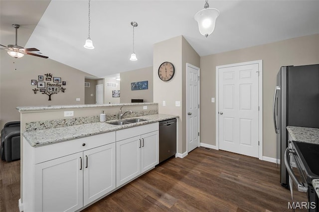 139 Brookview Way Dr, Ofallon, MO 63366 - kitchen featuring stainless steel appliances, a peninsula, lofted ceiling, ceiling fan, and dark wood-style floors