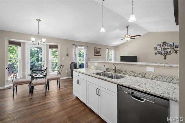 139 Brookview Way Dr, Ofallon, MO 63366 - kitchen featuring stainless steel dishwasher, white cabinetry, dark wood-style floors, plenty of natural light, and vaulted ceiling