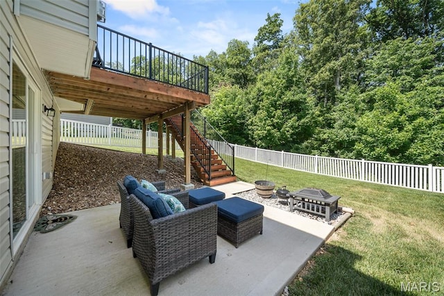 139 Brookview Way Dr, Ofallon, MO 63366 - fenced backyard with a patio, stairway, a wooden deck, and an outdoor fire pit