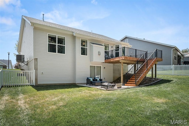 139 Brookview Way Dr, Ofallon, MO 63366 - back of property with stairs, an outdoor hangout area, a deck, a fenced backyard, and a patio area