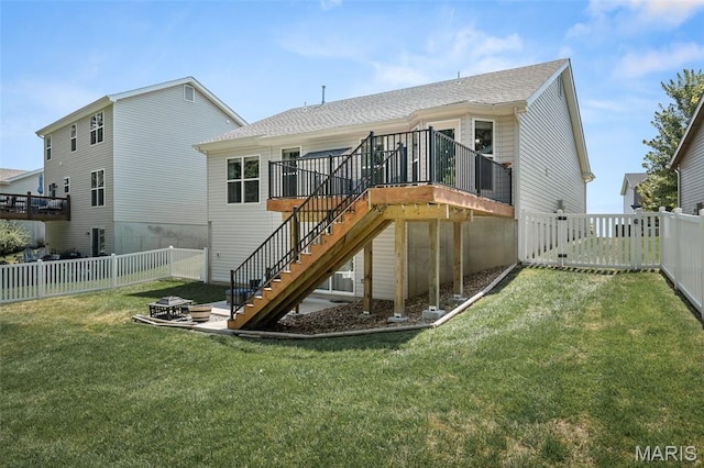 139 Brookview Way Dr, Ofallon, MO 63366 - back of house featuring stairs, a fire pit, a fenced backyard, a deck, and roof with shingles