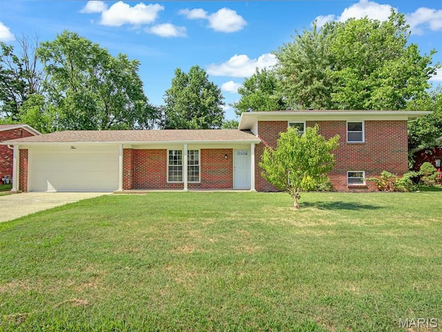 5 Chalet Ct, Fairview Heights, IL 62208 - view of front of house featuring a garage, concrete driveway, a front yard, and brick siding