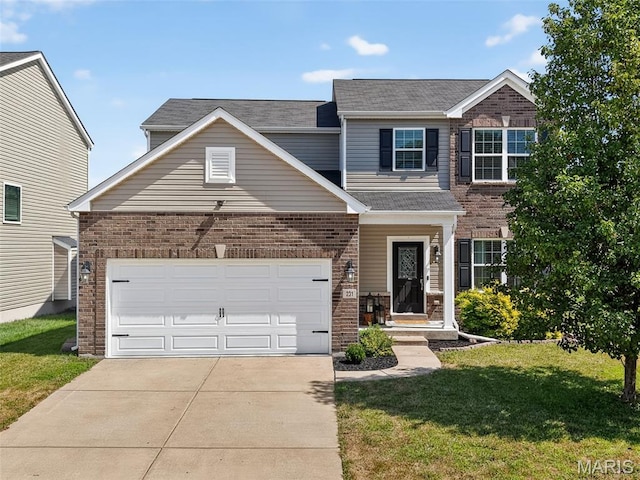 231 Flint Brook Dr, Ofallon, MO 63366 - traditional-style home with concrete driveway, brick siding, a front yard, and an attached garage