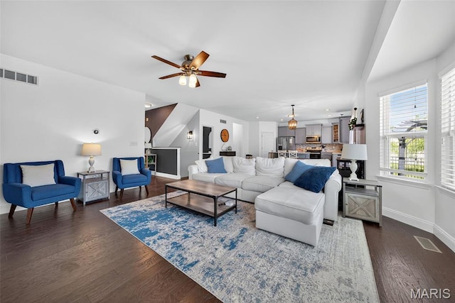 231 Flint Brook Dr, Ofallon, MO 63366 - living room with dark wood-style flooring and ceiling fan