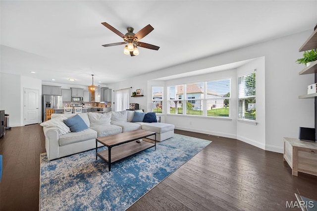 231 Flint Brook Dr, Ofallon, MO 63366 - living area featuring dark wood-style flooring, recessed lighting, and a ceiling fan
