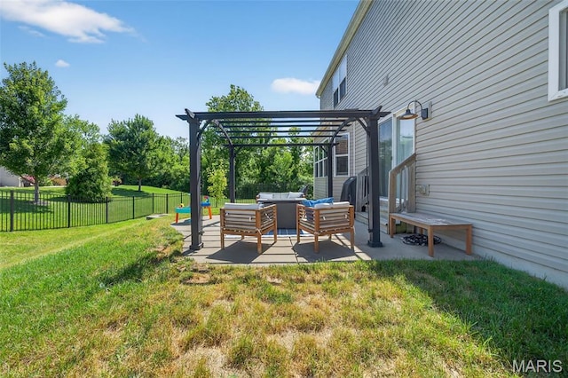 231 Flint Brook Dr, Ofallon, MO 63366 - fenced backyard with an outdoor hangout area, a pergola, and a patio
