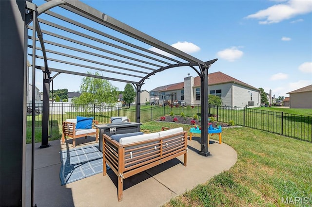 231 Flint Brook Dr, Ofallon, MO 63366 - fenced backyard featuring outdoor lounge area, a pergola, a patio, and a residential view
