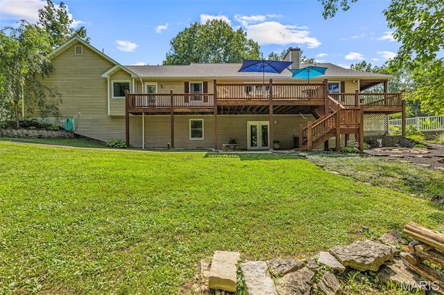 5090 Green Hills Rd, Festus, MO 63028 - back of house featuring french doors, a wooden deck, a yard, and a chimney