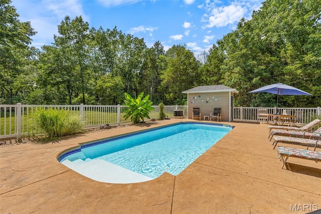 5090 Green Hills Rd, Festus, MO 63028 - view of pool featuring a fenced backyard, an outdoor structure, a patio area, and view of scattered trees