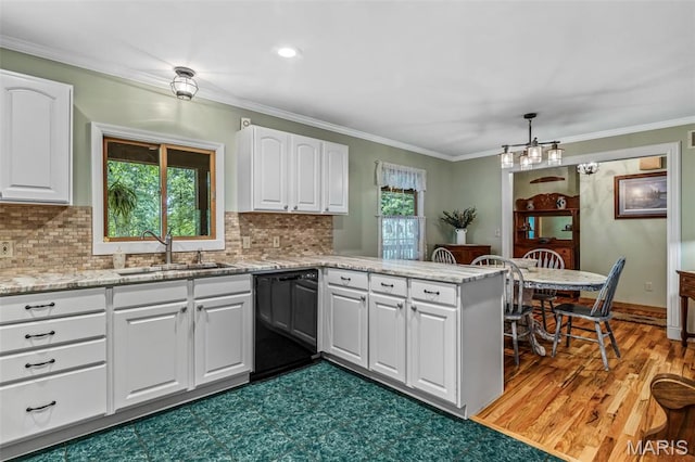 5090 Green Hills Rd, Festus, MO 63028 - kitchen featuring dishwasher, white cabinetry, a peninsula, crown molding, and light stone counters
