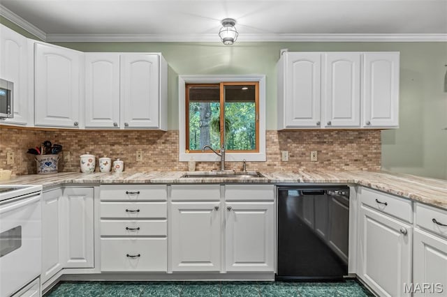 5090 Green Hills Rd, Festus, MO 63028 - kitchen with dishwasher, white electric range oven, white cabinetry, and crown molding