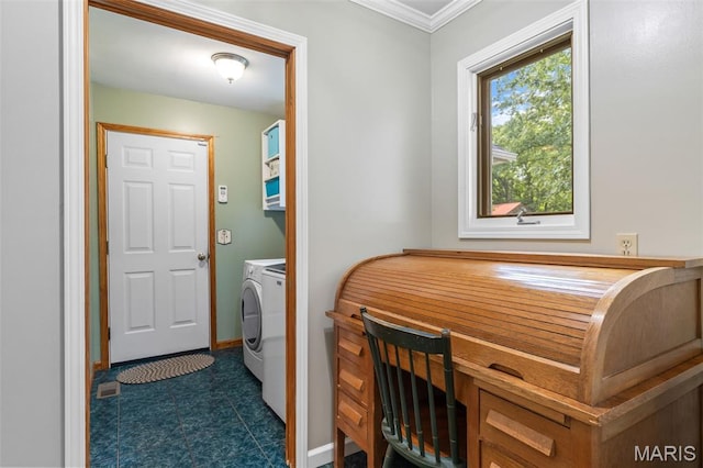 5090 Green Hills Rd, Festus, MO 63028 - laundry area featuring washing machine and dryer, crown molding, and dark flooring