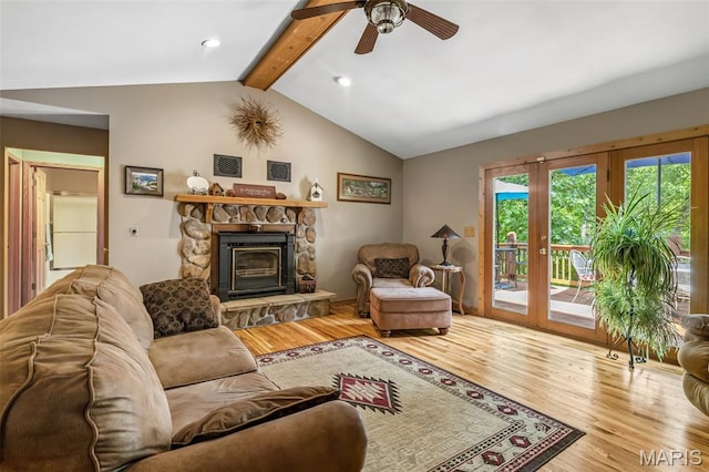 5090 Green Hills Rd, Festus, MO 63028 - living area with wood finished floors, a fireplace, ceiling fan, french doors, and recessed lighting
