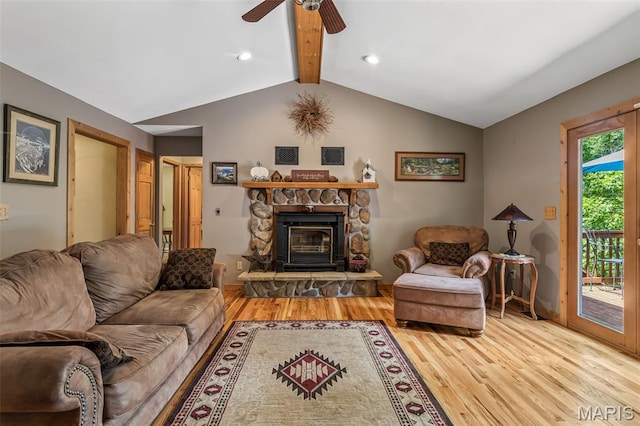 5090 Green Hills Rd, Festus, MO 63028 - living area featuring wood finished floors, ceiling fan, and a fireplace