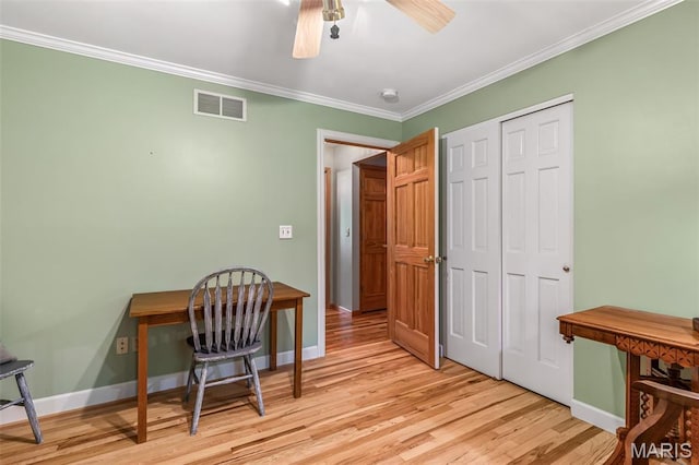 5090 Green Hills Rd, Festus, MO 63028 - office area with wood finished floors, ornamental molding, and ceiling fan