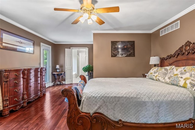 5090 Green Hills Rd, Festus, MO 63028 - bedroom featuring hardwood / wood-style flooring, ornamental molding, access to exterior, and a ceiling fan