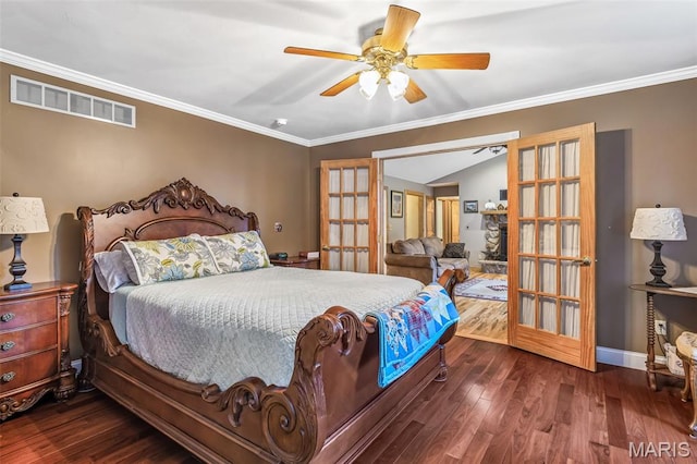 5090 Green Hills Rd, Festus, MO 63028 - bedroom featuring wood finished floors, ornamental molding, lofted ceiling, a ceiling fan, and french doors