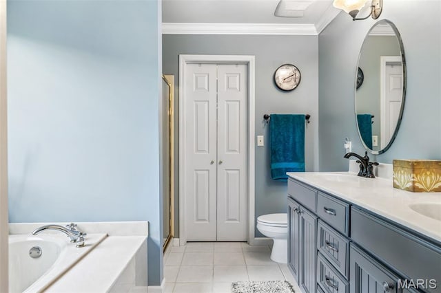 5090 Green Hills Rd, Festus, MO 63028 - bathroom with double vanity, a garden tub, ornamental molding, a shower stall, and tile patterned flooring