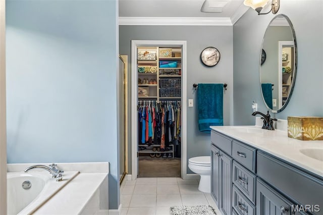 5090 Green Hills Rd, Festus, MO 63028 - bathroom featuring a stall shower, a garden tub, double vanity, crown molding, and tile patterned floors