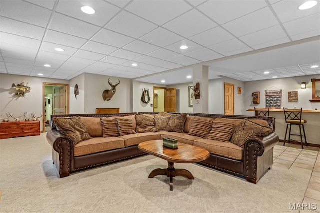 5090 Green Hills Rd, Festus, MO 63028 - living room featuring bar, recessed lighting, light colored carpet, and a paneled ceiling