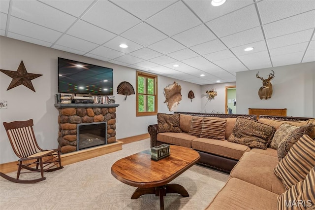 5090 Green Hills Rd, Festus, MO 63028 - carpeted living room with a fireplace, a paneled ceiling, and recessed lighting