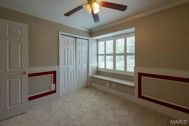 1715 Foxglove Dr, Saint Charles, MO 63303 - unfurnished bedroom featuring ornamental molding, carpet floors, a closet, and ceiling fan